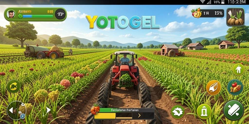 Tampilan gameplay YOTOGEL yang menggambarkan aktivitas bertani yang seru.